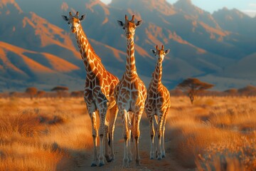 Three giraffes stand in a grassland with mountains in the background