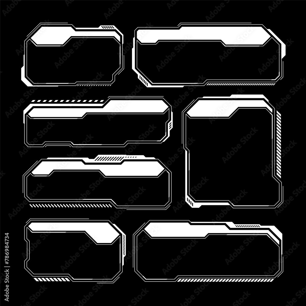 Poster White futuristic HUD, UI elements. Sci-fi user interface text boxes, callouts. Warning message frames, information boxes template. Modern game interface layout in digital style. Vector illustration