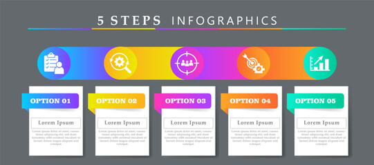 Steps infographics template with 5  options and icons of survey, research, target audience, solutions and growth . For process diagram, presentations, workflow layout, banner, flow chart. 