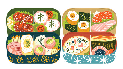 Hand drawn bento boxes. Japanese lunch box. Four tradi