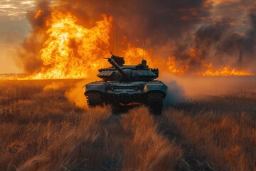 Tank in field with fire. Generative AI