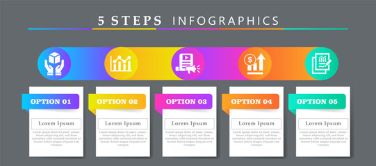 Steps infographics template with 5 options and icons of product, analysis, online advertising, increase sales and results. For process diagram, presentations, workflow layout, banner, flow chart