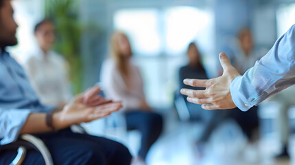 An inclusive team meeting where a sign language interpreter is facilitating communication for a hearing-impaired colleague, blurred background, with copy space