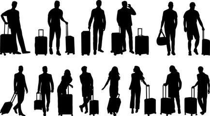 set of people with suitcases silhouette on white background vector