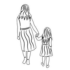 mother and daughter walking view from the back, sketch on a white background vector