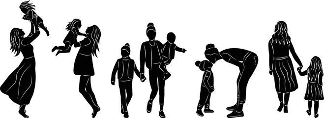 set of mom with children silhouette on white background vector