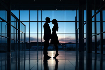 Fototapeta na wymiar Silhouette of a loving couple standing in an office at sunset