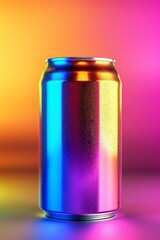 Fototapeta premium Colorful neon-lit can on a reflective surface with pink and blue lights