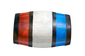 A wine barrel in the colors of the French flag, isolated on white background. Uniforms of soldiers of the middle of the 19th century during the Crimean War