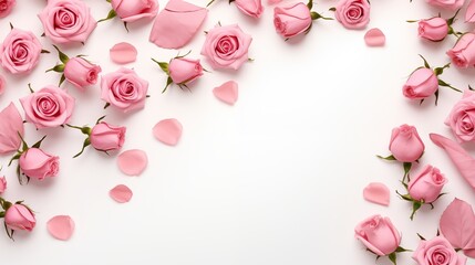 Elegant Pink Roses with Petals on a White Background for Romantic Occasions - obrazy, fototapety, plakaty