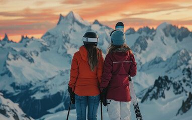 Two female skiers holding their ski equipment at the top of the Alps mountain - obrazy, fototapety, plakaty