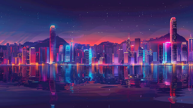 A digital painting of a futuristic city at night with skyscrapers and a body of water in the foreground.

