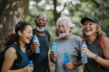 A group of senior friends laughing and smiling while wearing sports gear, with one person holding their water bottle in the park, symbolizing social interaction through fitness activities for elderly 