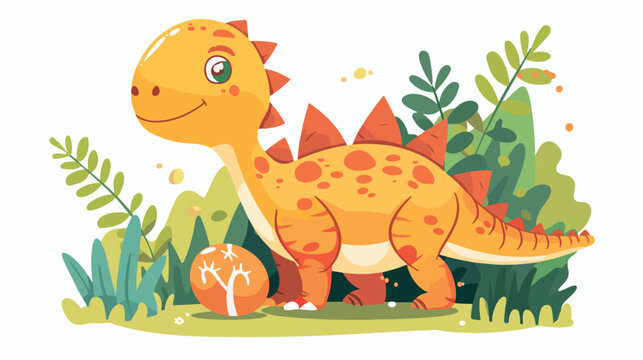 Dino with egg on white background. Colorful vector illustration