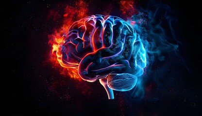 Realistic brain with electric blue and red energy flowing through it. - obrazy, fototapety, plakaty