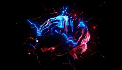 Realistic brain with electric blue and red energy flowing through it.