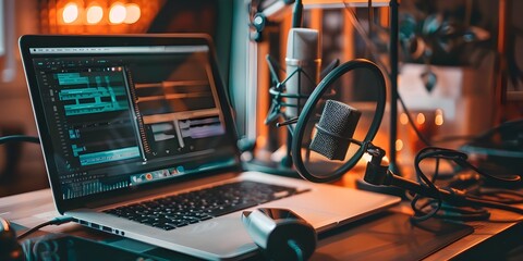 photo of podcast microphone and laptop on desk.