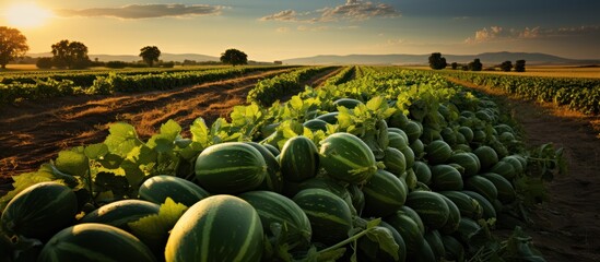 collection of watermelon harvest in the field at sunset