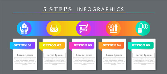 Steps infographics template with 5 options and icons of product, newsletter, content media, increase sales and pay per click. For process diagram, presentations, workflow layout, banner, flow chart