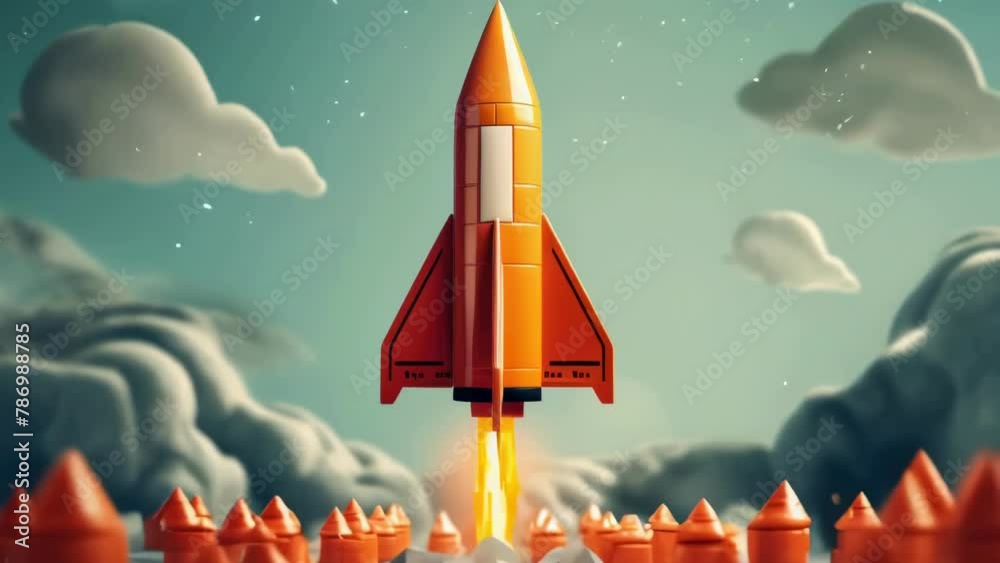 Poster A red rocket soaring through the sky. Suitable for science and technology concepts.