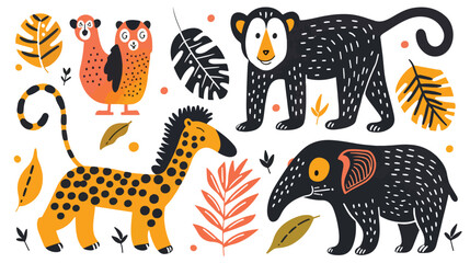 Hand drawn Four jungle animals in unique trendy style.