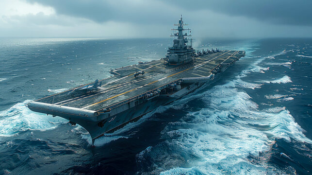 A large warship aircraft carrier sails in the sea ocean guards the borders