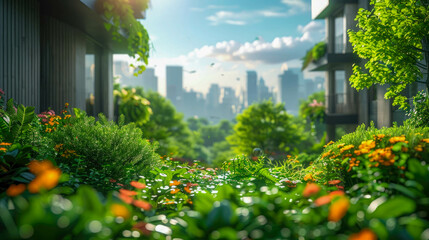 Green city, synergy of a big metropolis city with tall modern buildings skyscrapers with nature and eco-natural green plants and trees - obrazy, fototapety, plakaty