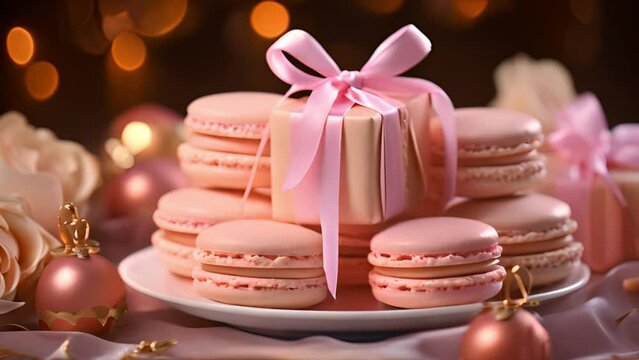 Italian macarons and confetti hearts on a pink background, Valentine's Day card with copy space. High quality photo