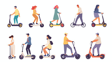 People on electric scooter set flat vector illustration