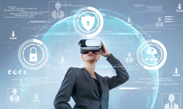 Project manager looking and managing security protection holographic. Professional businesswoman access identity privacy system while standing and wearing VR glasses to enter metaverse. Contraption.