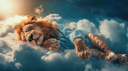 Illustration of a lion wearing a nightgown resting and sleeping soundly on a cloud - obrazy, fototapety, plakaty