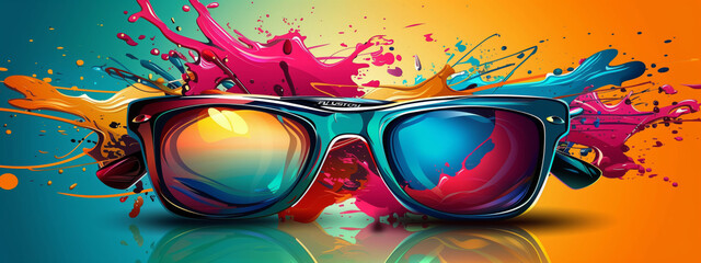 Vibrant abstract background with sunglasses, red and blue splashes, perfect for fashion brand promotion
