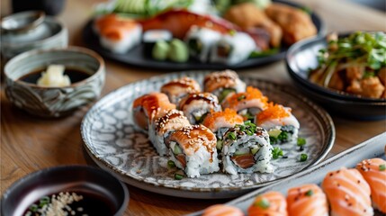 sushi on a plate with chopsticks