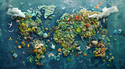 Immerse yourself in a visual narrative of sustainability and environmental stewardship within the business realm, presented in an AI-generated image featuring a world map