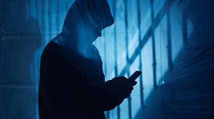 Hooded hacker using laptop in dark room, cybercrime and data theft concept