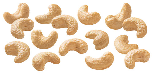 Cashew set isolated on white background. Single nuts scattered. Package deisgn elements
