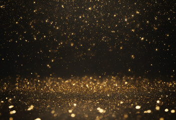 Abstract festive dark background with gold stars and glitter. New year, birthday, holidays celebration concept banner