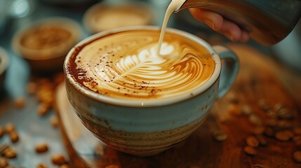 A pouring cappuccino art into a ceramic cup. AI generate illustration - obrazy, fototapety, plakaty