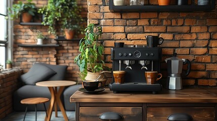 A featuring espresso machine against a textured brown brick wall. AI generate illustration