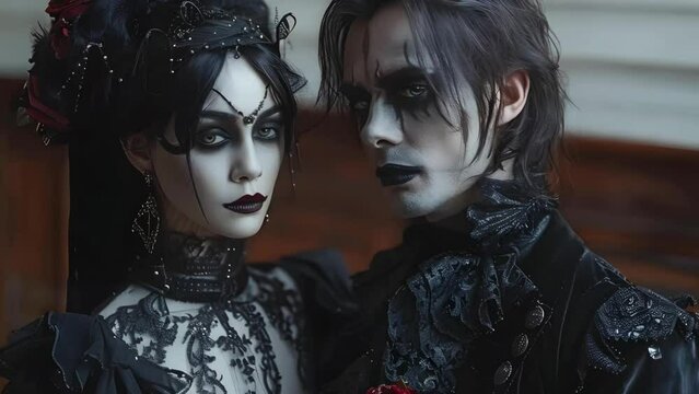 Enigmatic Vampire Cosplay Duo in Mystique Elegance. Concept Vampire Cosplay, Enigmatic Elegance, Gothic Aesthetics, Mysterious Duos, Intriguing Portraits