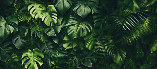 Lush green leaves flat lay, creating a vibrant pattern as a backdrop of the tropical jungle. - 786991111