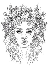 Adult coloring page featuring a portrait of an African woman, designed with clean line art in black and white. Her bright white hair is adorned with a floral wreath