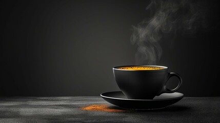 Closeup a elegant black coffee cup resting on a saucer. AI generate illustration