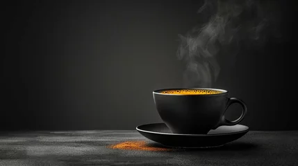 Fotobehang Closeup a elegant black coffee cup resting on a saucer. AI generate illustration © PandaStockArt