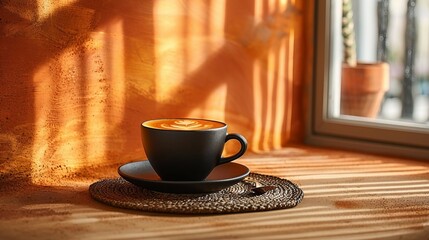 Black espresso cup on a textured brown coaster, with a spoon resting beside it. AI generate illustration