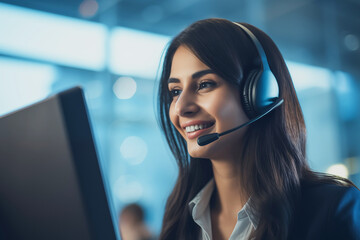 Smiling female operator speaking with customers and offering support through the helpline.