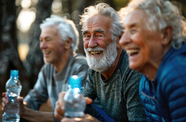 A group of senior friends laughing and smiling while wearing sports gear, with one person holding their water bottle in the park, symbolizing social interaction through fitness activities for elderly - obrazy, fototapety, plakaty