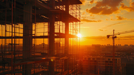 Construction site and sunset  structural steel beam 