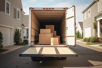 A delivery truck is parked outside a house, ready to transport packages for relocation, showcasing the efficiency of shipping services in the transportation industry.