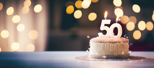 a homemade birthday cake with fifty number, with its colorful icing and sweet surprises, promising a joyful celebration for the 50th special day. - obrazy, fototapety, plakaty